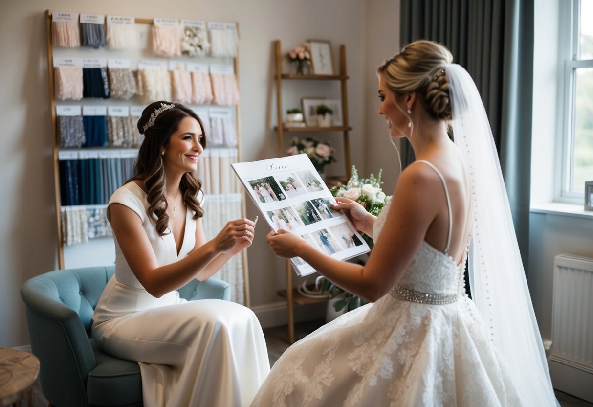 A bride sits in a cozy studio, surrounded by fabric swatches and bridal magazines. A stylist presents her with a mood board of wedding looks
