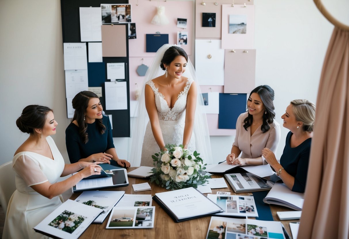A bride surrounded by a variety of wedding stylist portfolios and mood boards, contemplating different styles and aesthetics for her big day