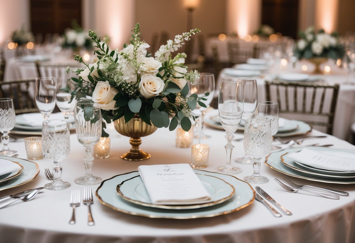 A beautifully set table with fine china, crystal glassware, and elegant floral centerpieces at a wedding reception