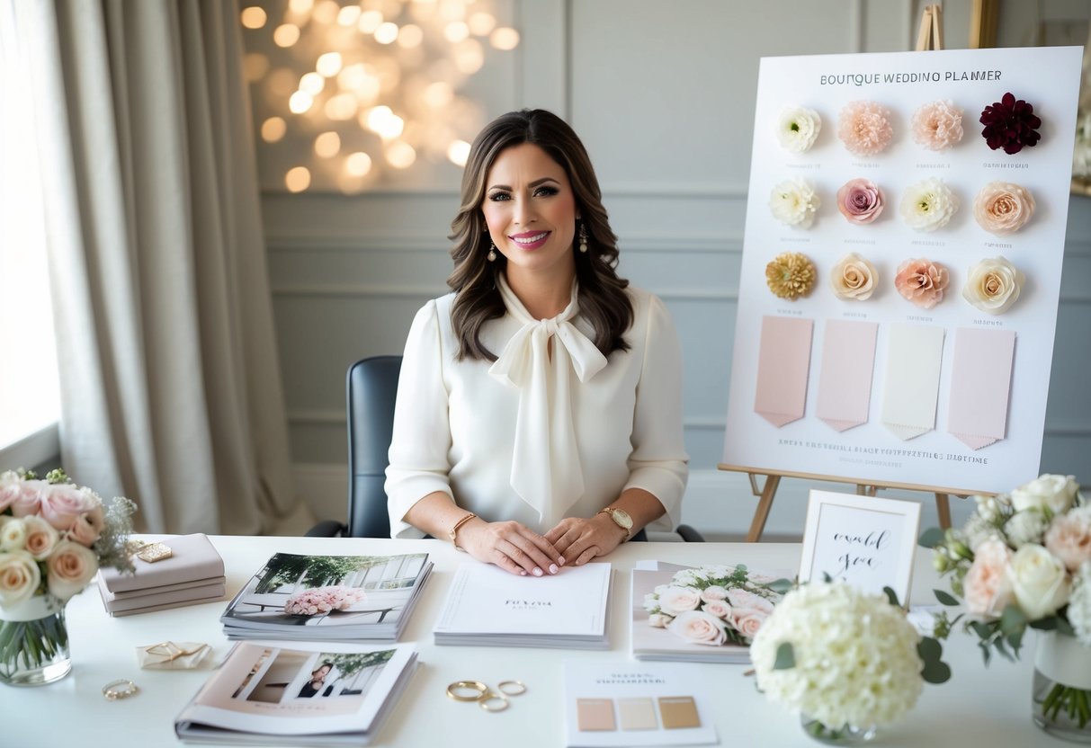 A boutique wedding planner sits at a desk, surrounded by elegant wedding magazines, fabric swatches, and floral samples. A mood board displays romantic color palettes and design inspiration