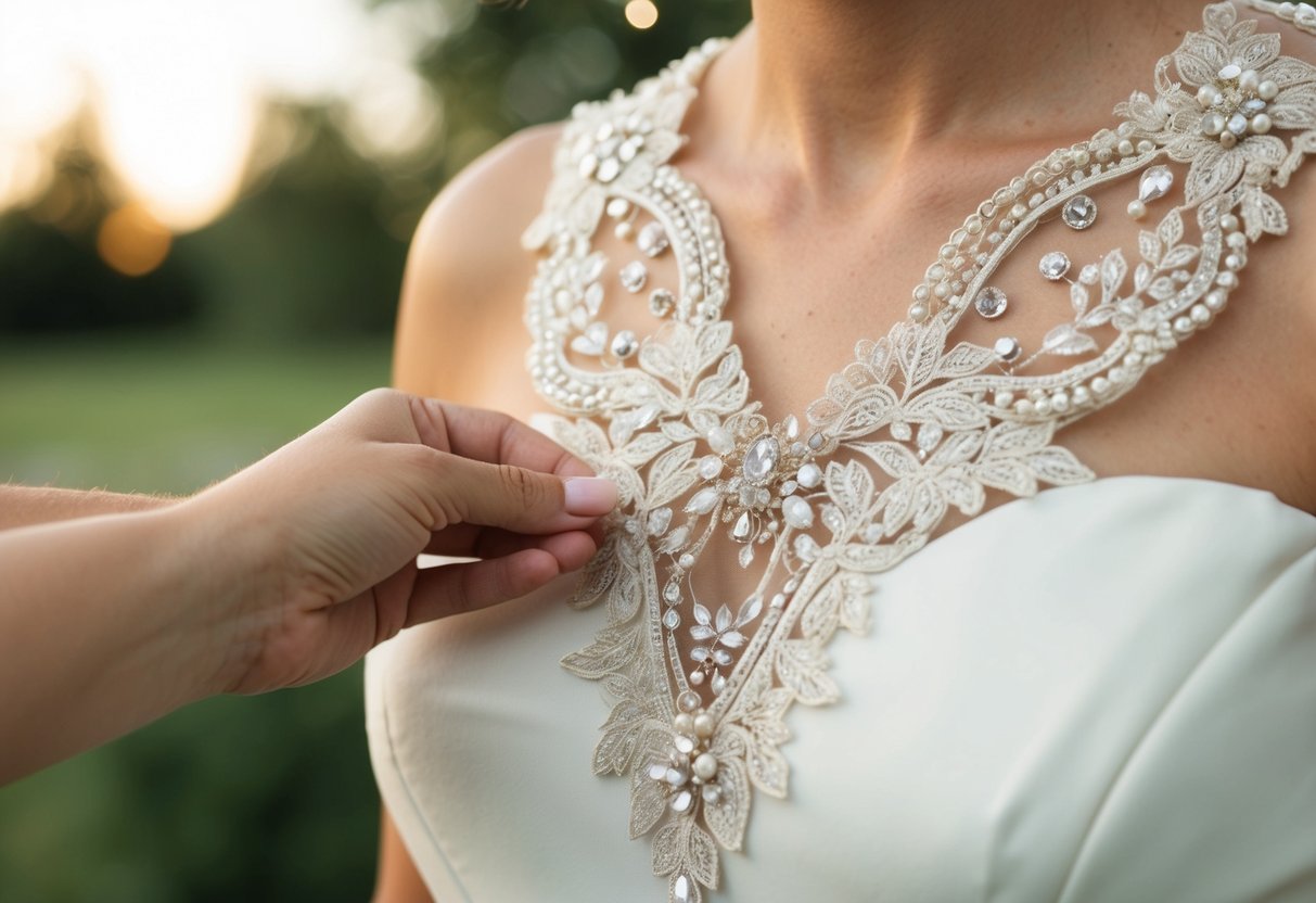 A plain wedding dress being adorned with delicate lace, shimmering beads, and intricate embroidery