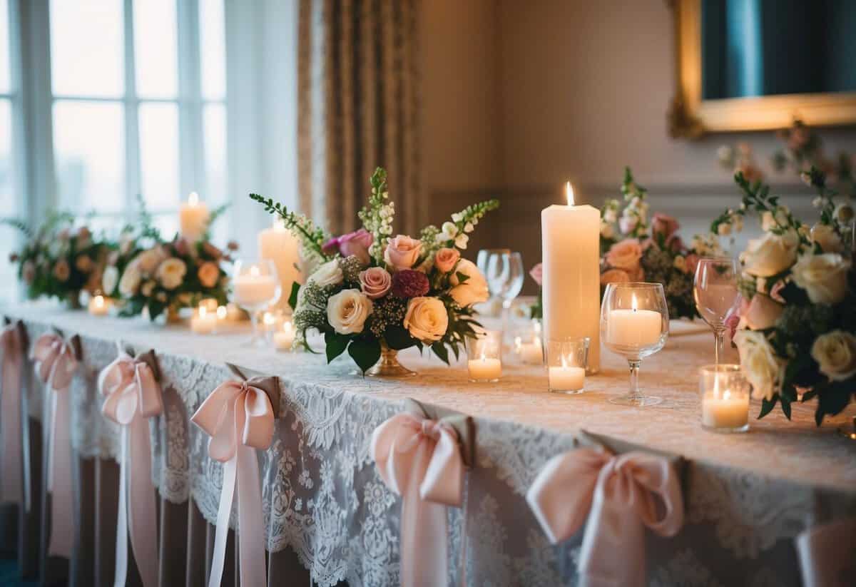 Flowers and ribbons adorn the wedding room. A delicate lace tablecloth drapes over the table, and candles flicker softly in the dim light