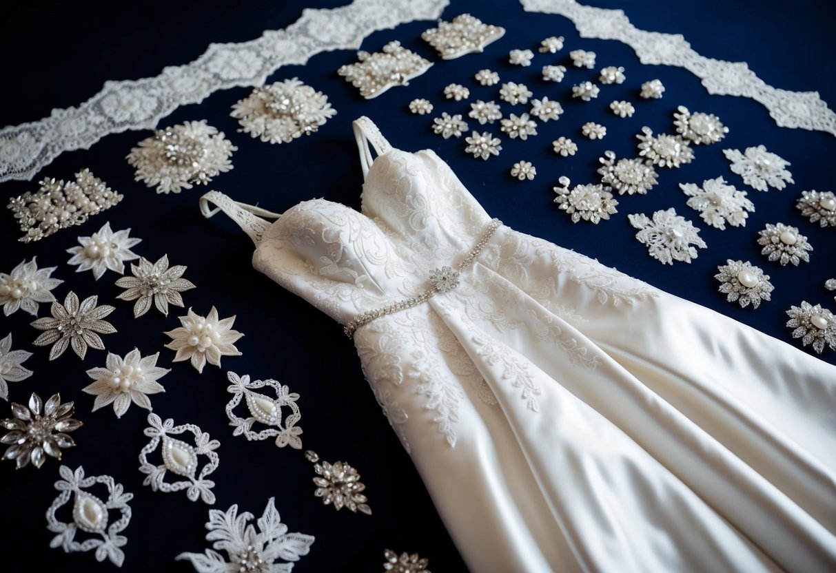 A wedding dress laid out with various embellishments such as lace, beads, and appliques arranged around it for selection