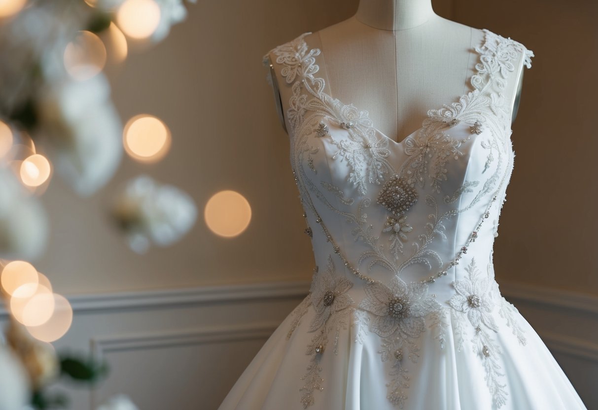 A plain wedding dress is adorned with delicate lace, shimmering beads, and intricate embroidery, creating a stunning and elegant look