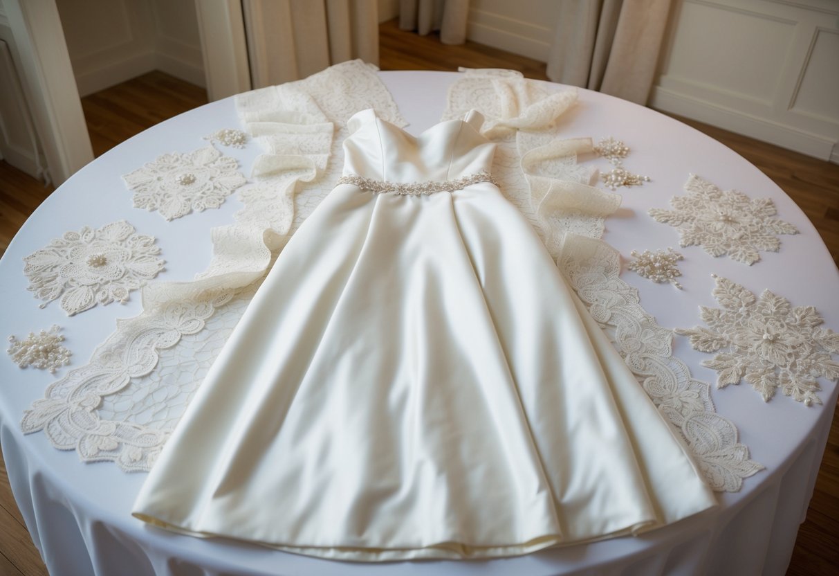 A plain wedding dress laid out on a table, surrounded by delicate lace, intricate beading, and elegant appliques ready to be sewn on