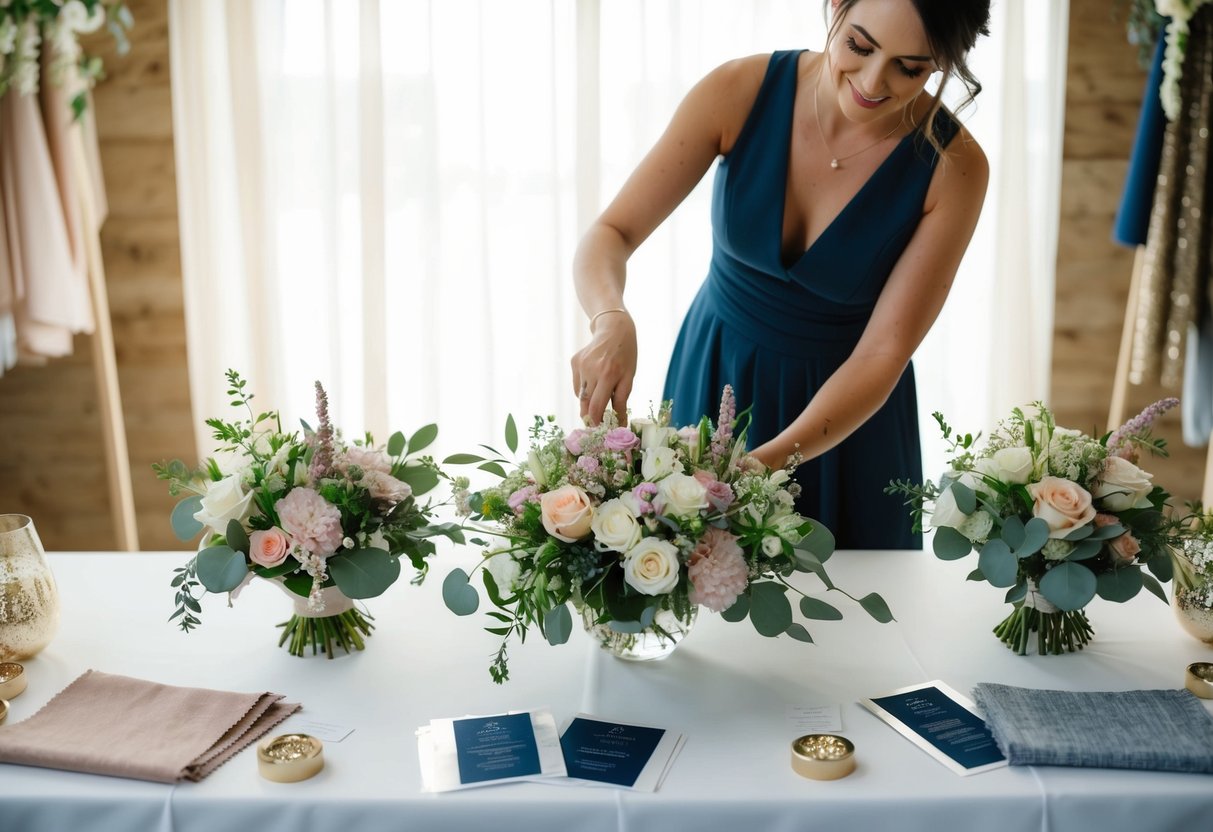 A wedding stylist arranging floral centerpieces on a table, surrounded by fabric swatches and decorative accents