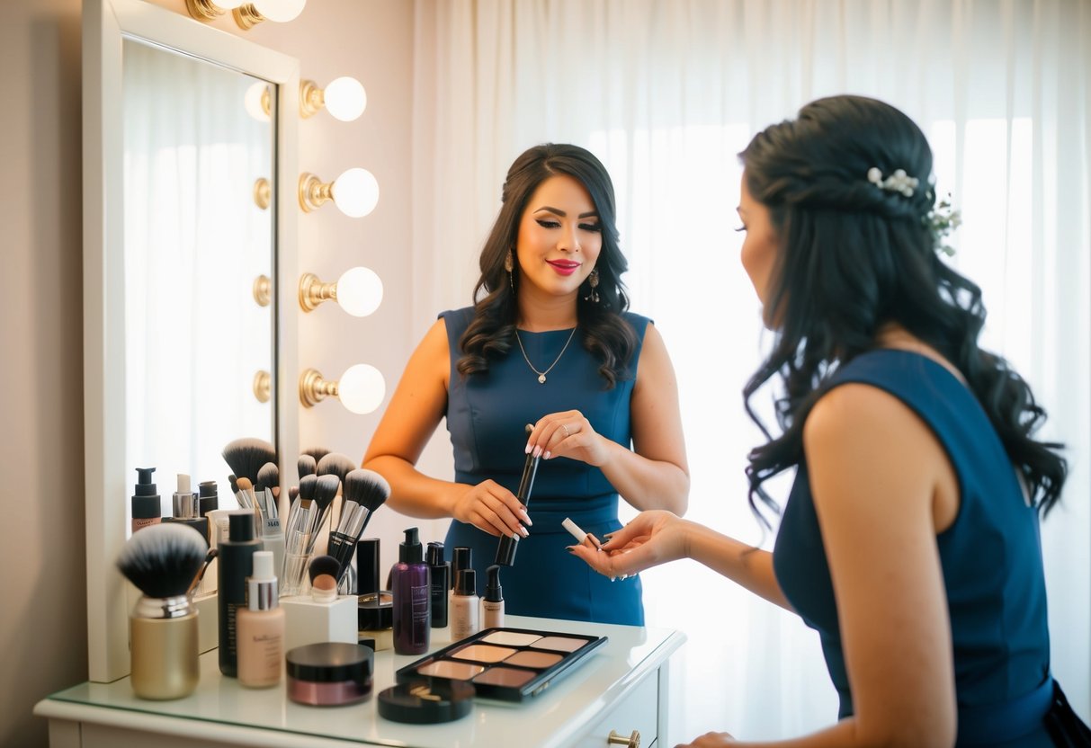 A wedding stylist arranging hair and makeup products on a vanity table, with a mirror and soft lighting in the background