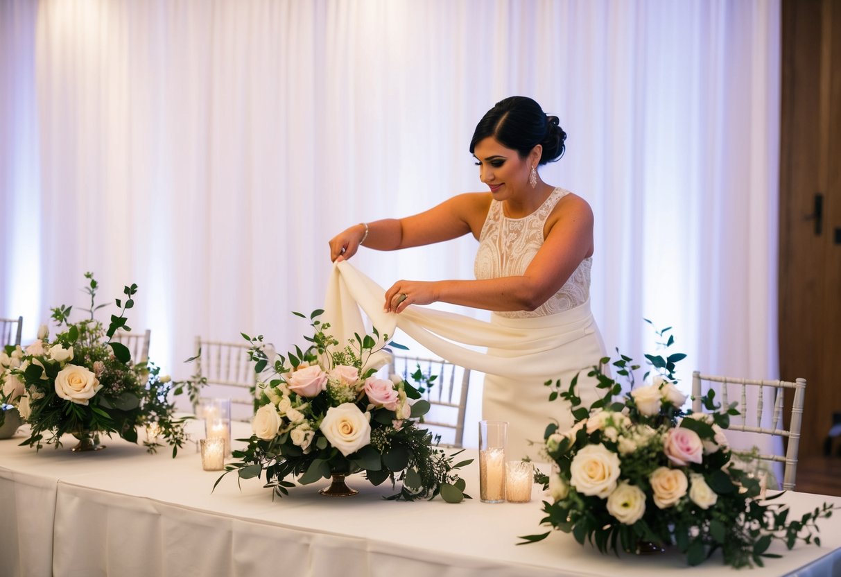 A wedding stylist arranging floral centerpieces and draping fabric on a reception table