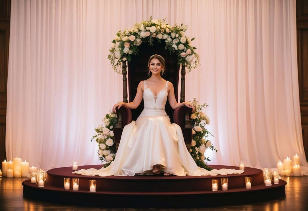 A bride sits on a throne-like chair, surrounded by a circle of flowers and candles. Her dress flows elegantly around her, and a soft glow illuminates her face