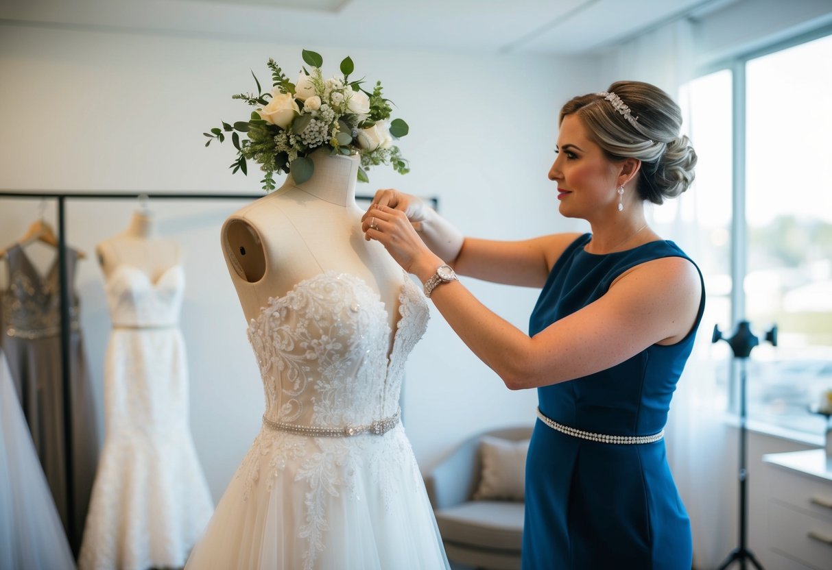 A bridal stylist arranging wedding attire and accessories on a mannequin