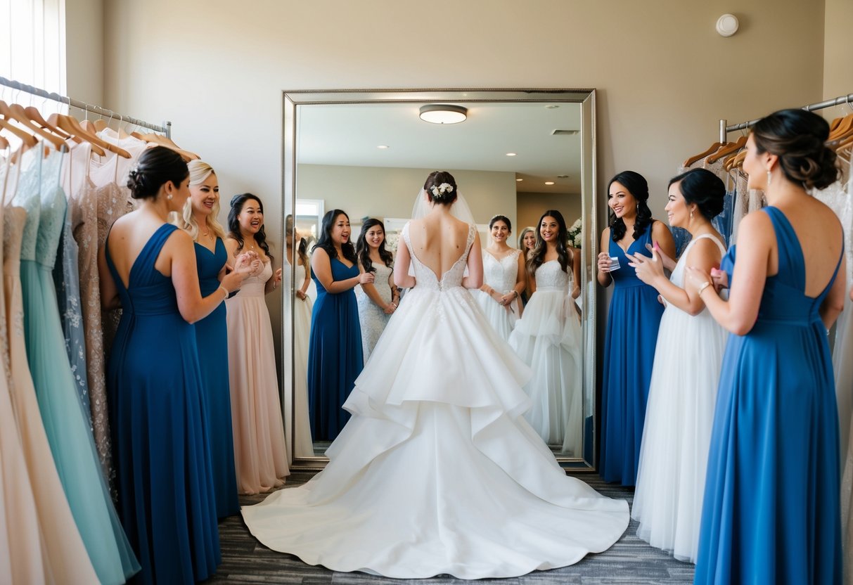 A bride surrounded by racks of wedding dresses, trying on gowns in front of a large mirror with a supportive group of friends or family members offering their opinions