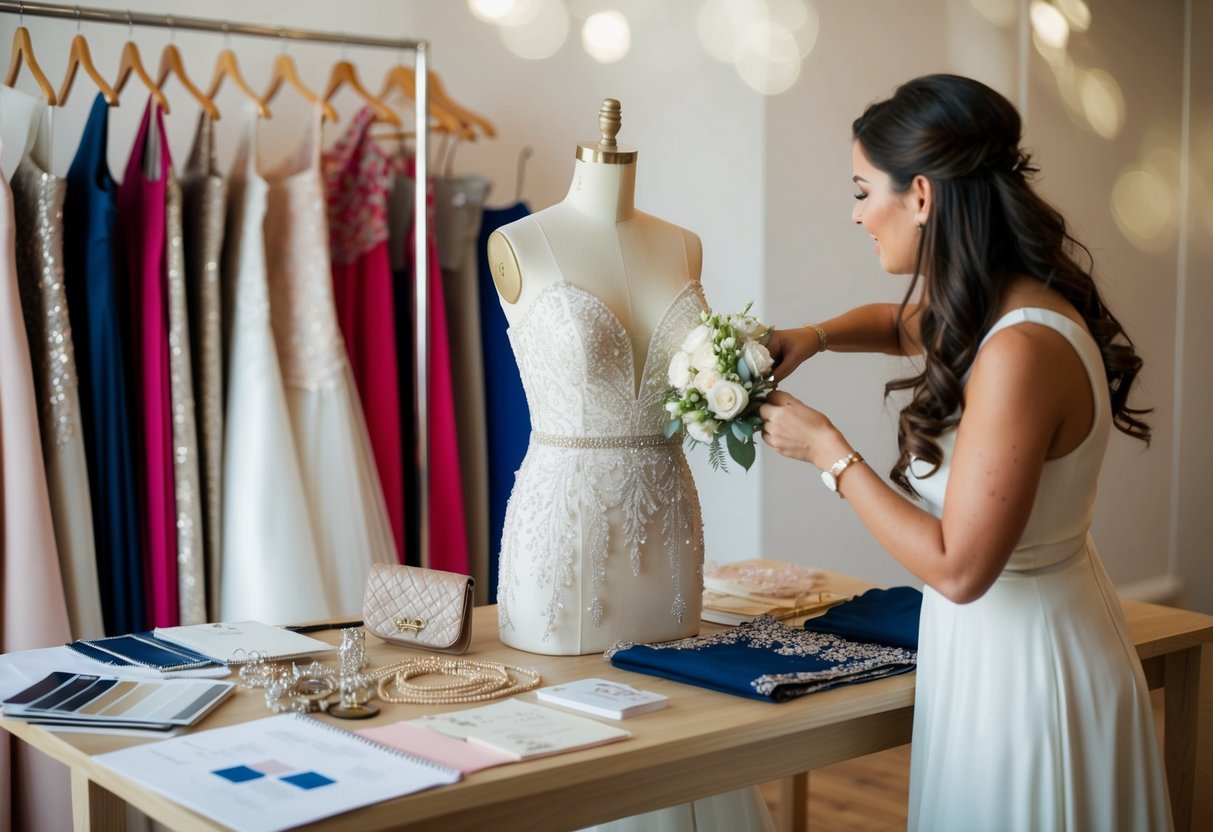 A bridal stylist selects and arranges accessories and dresses on a mannequin, surrounded by fabric swatches and design sketches