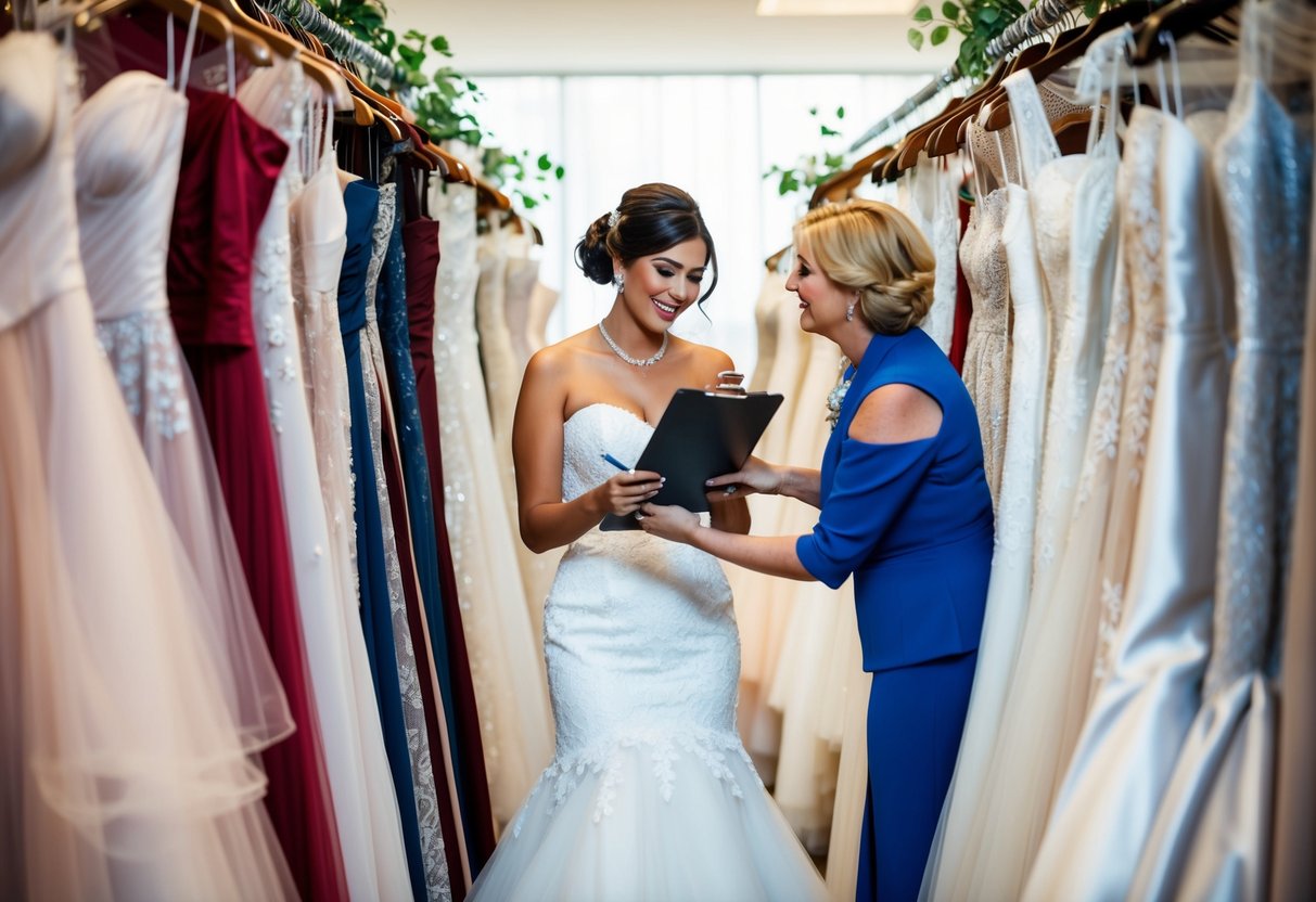 A bride-to-be surrounded by racks of wedding dresses, holding a clipboard and pen, while a consultant pulls out gowns for her to try on