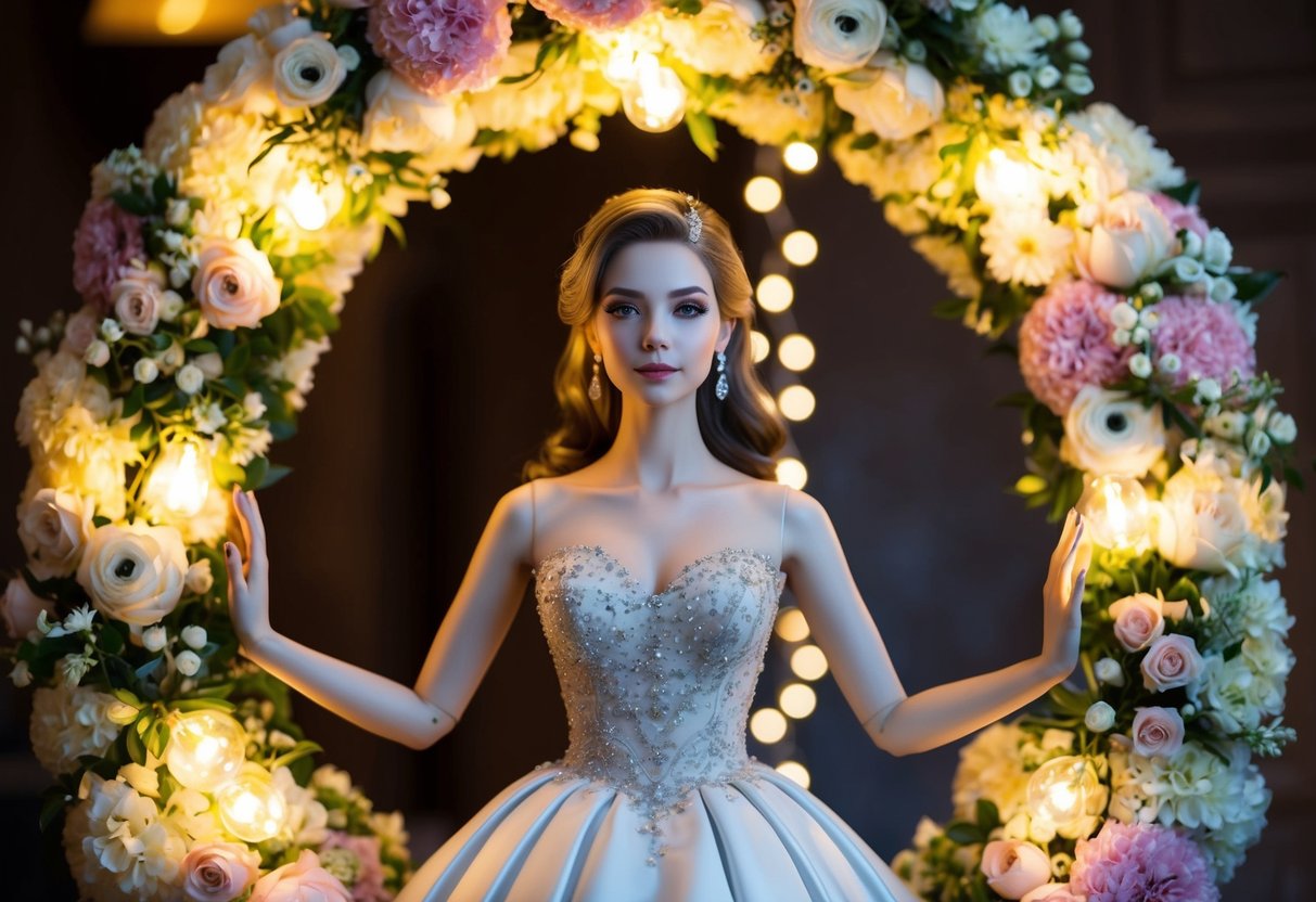 A female figure in an elegant dress, surrounded by flowers and twinkling lights, with her hair styled and makeup done