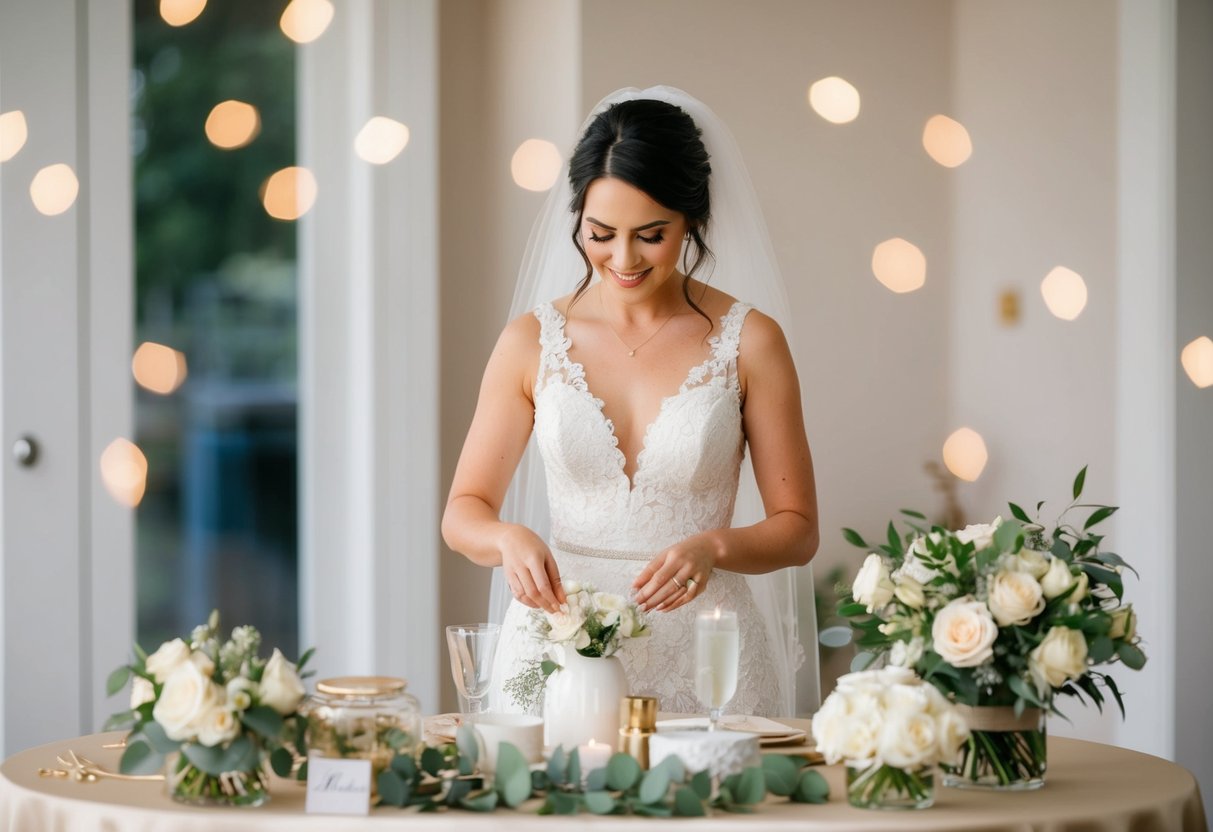A bridal stylist arranging wedding day essentials on a table