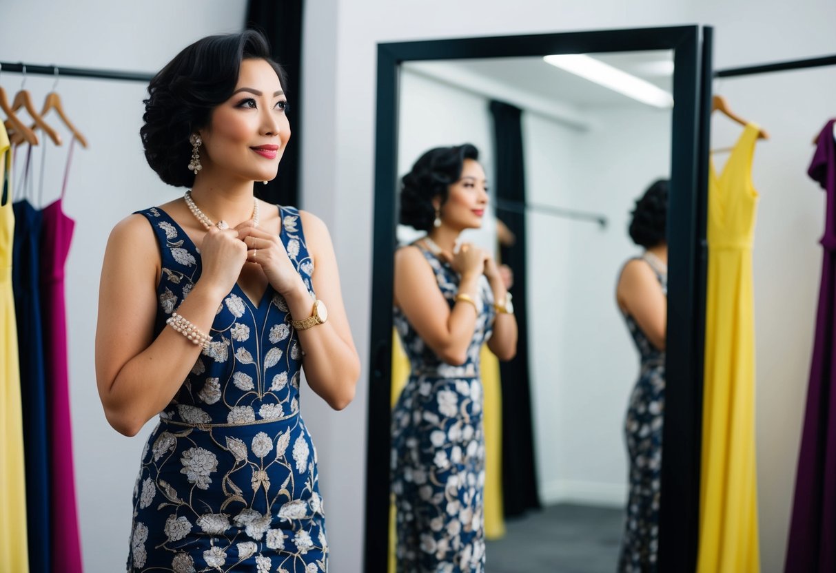 A woman standing in front of a full-length mirror, trying on different dresses and accessories, with a thoughtful expression on her face
