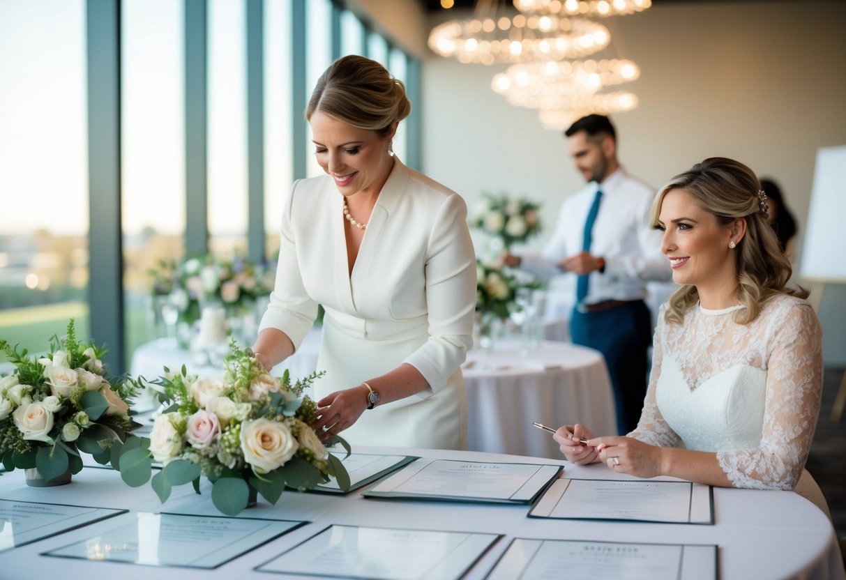 A wedding planner organizing seating charts and floral arrangements