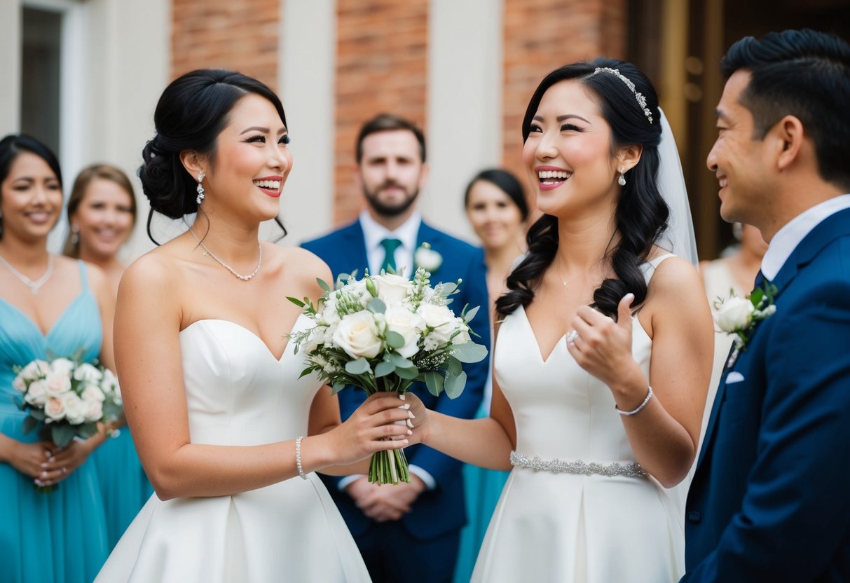 A woman in a formal dress holds a bouquet, standing next to the bride with a supportive and joyful expression