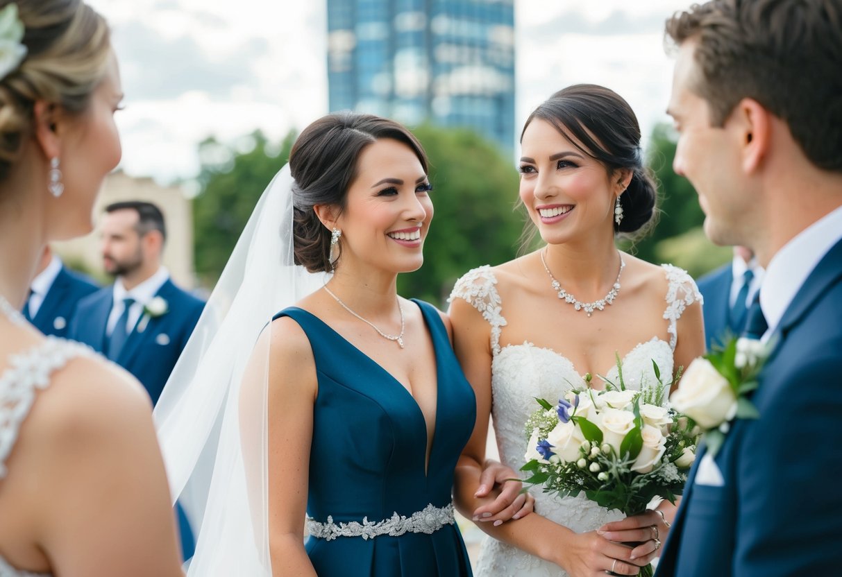 A woman in a formal dress stands next to the bride, holding a bouquet and smiling