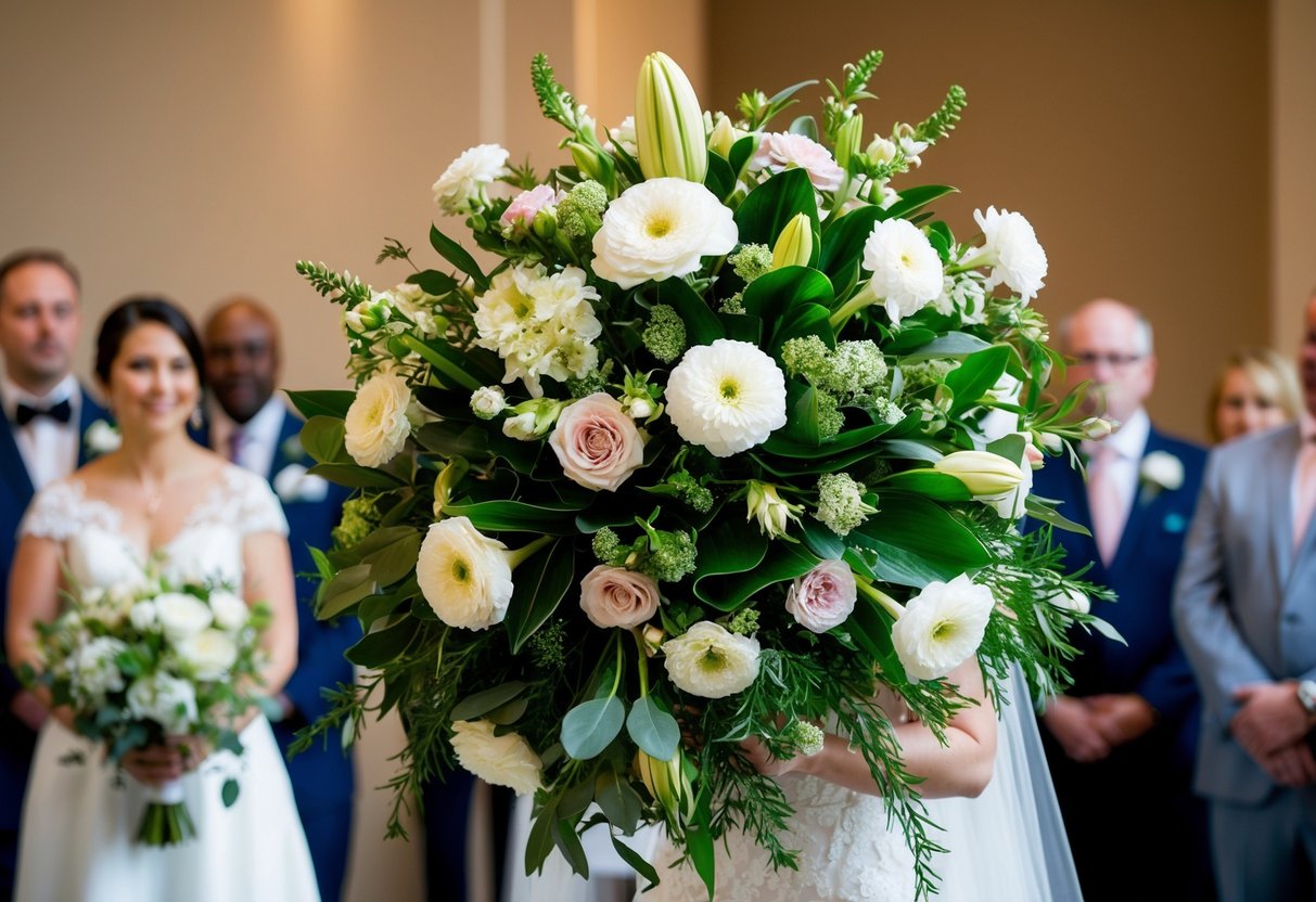 A stunning floral arrangement steals the spotlight at a wedding, overshadowing the bride's bouquet