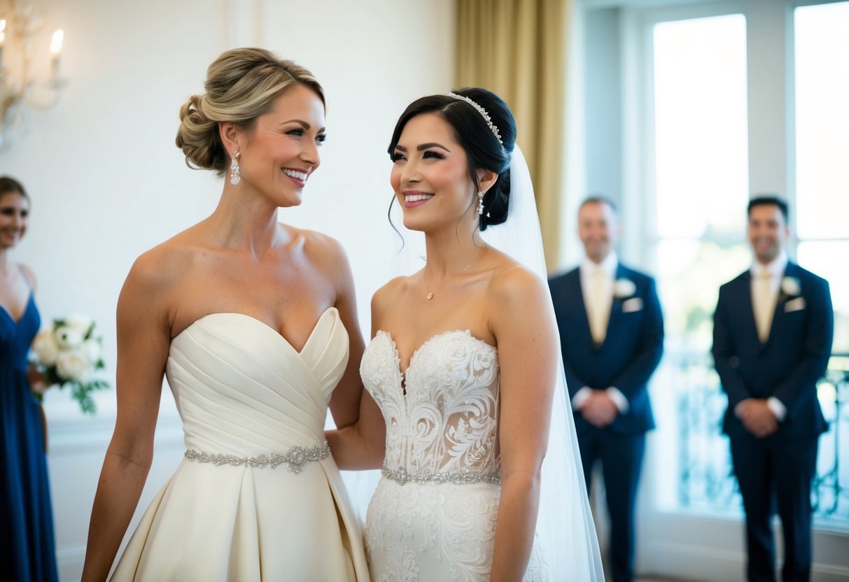 A woman in an elegant gown stands next to a bride, subtly complementing her attire without overshadowing her. The bride radiates joy and confidence