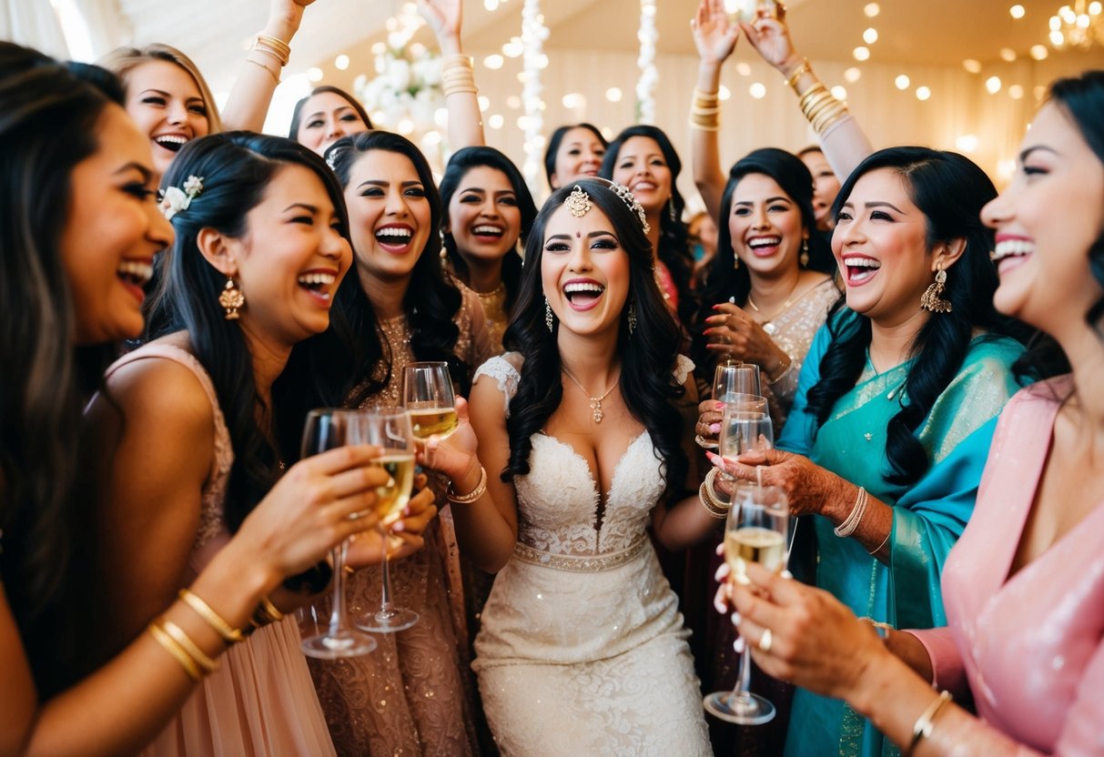A group of women gather in a festive setting, celebrating the bride-to-be. Laughter and joy fill the air as they enjoy pre-wedding festivities