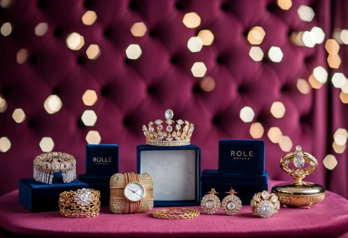 A selection of elegant accessories arranged on a luxurious velvet backdrop