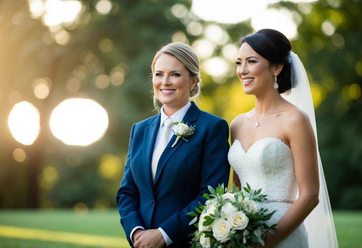 A woman in a formal dress stands beside the bride, holding a bouquet and smiling