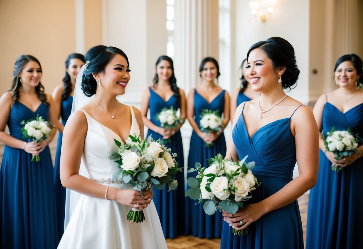 A woman stands beside the bride, holding her bouquet and smiling. She wears a dress similar to the bridesmaids but with a distinctive feature