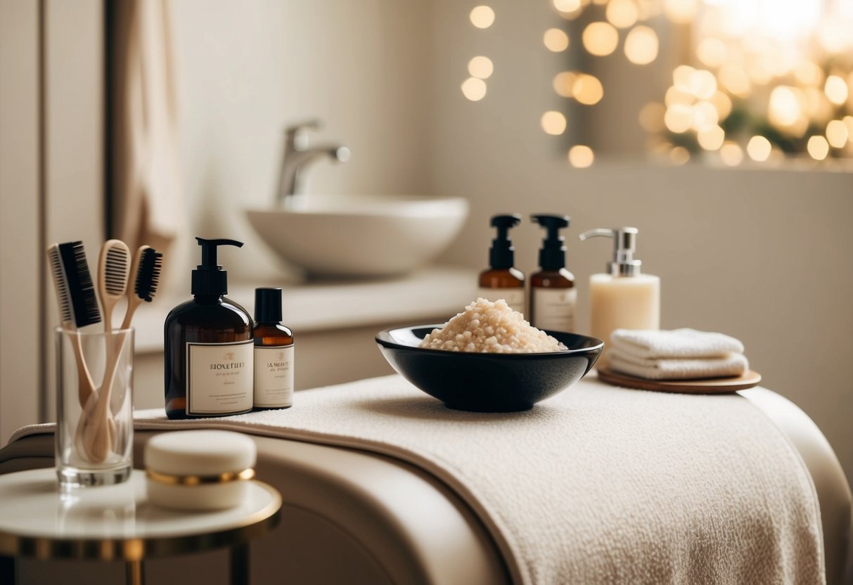 A luxurious spa setting with elegant grooming tools and products displayed, creating an atmosphere of relaxation and self-care