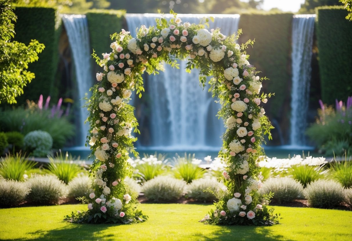 A stunning floral archway frames a sunlit garden, with a cascading waterfall in the background. The vibrant colors and serene atmosphere create a beautiful setting for a wedding