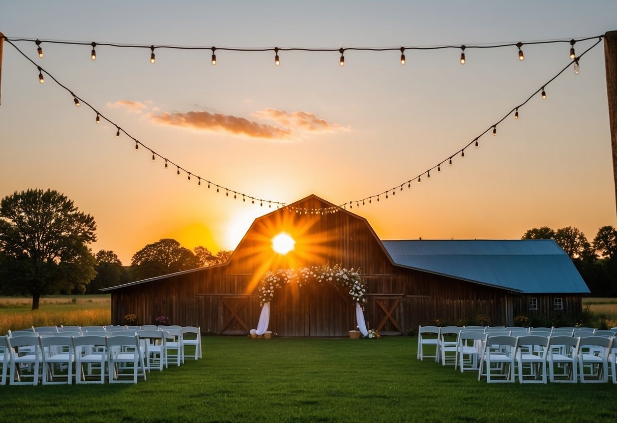 A sun setting behind a rustic barn with string lights and a floral archway