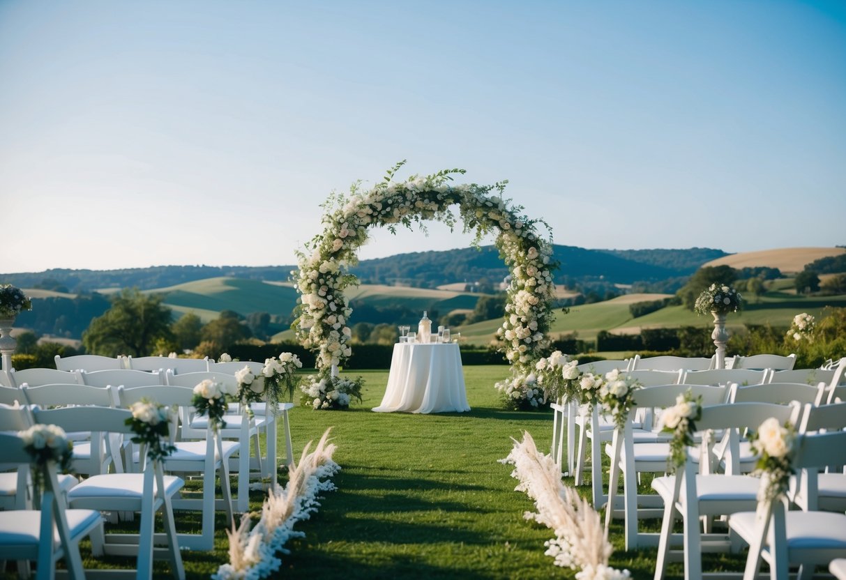 A serene outdoor wedding venue with blooming flowers and elegant decorations, set against a backdrop of rolling hills and a clear blue sky