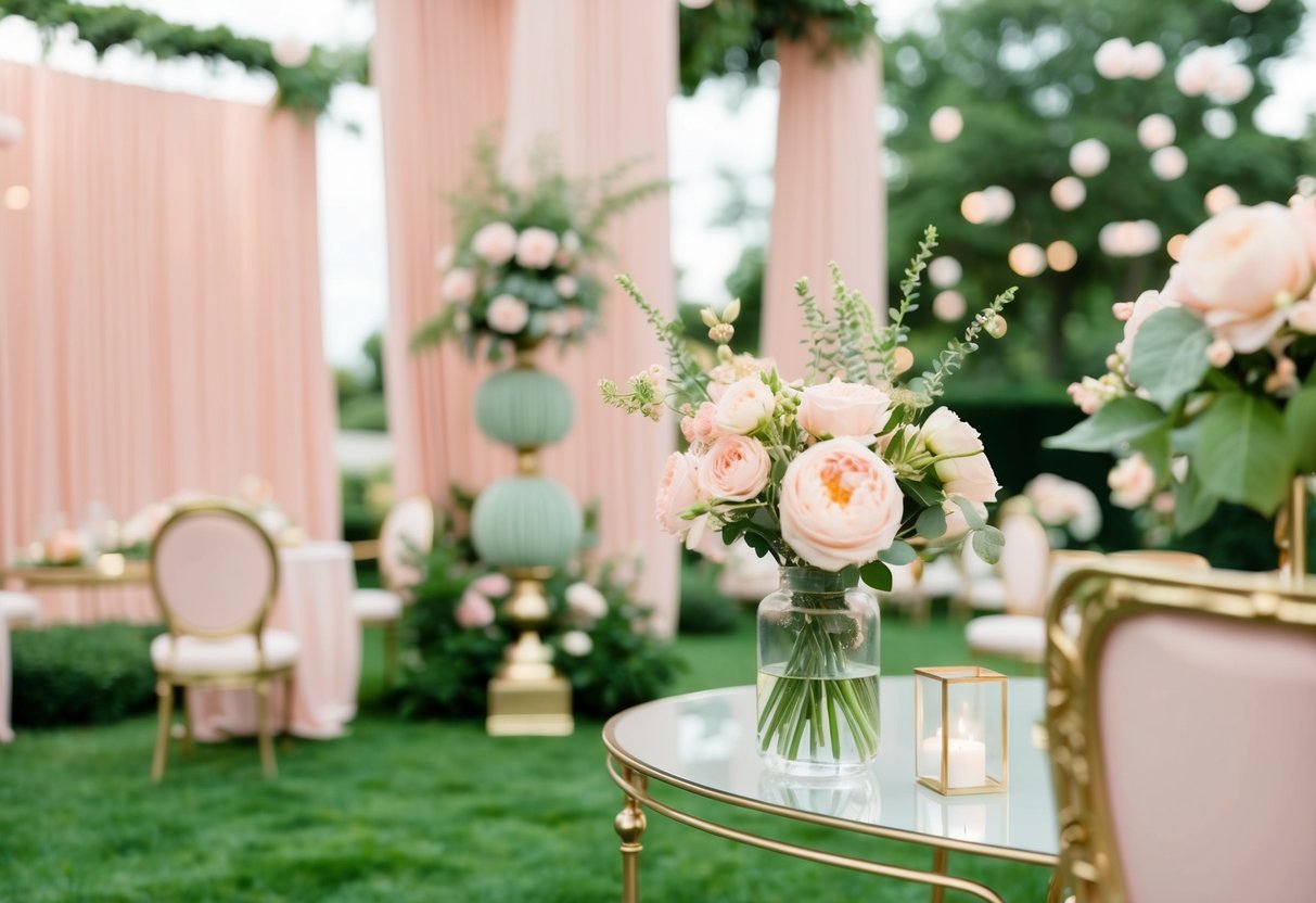 Soft blush pink and sage green decor with gold accents in a romantic garden setting