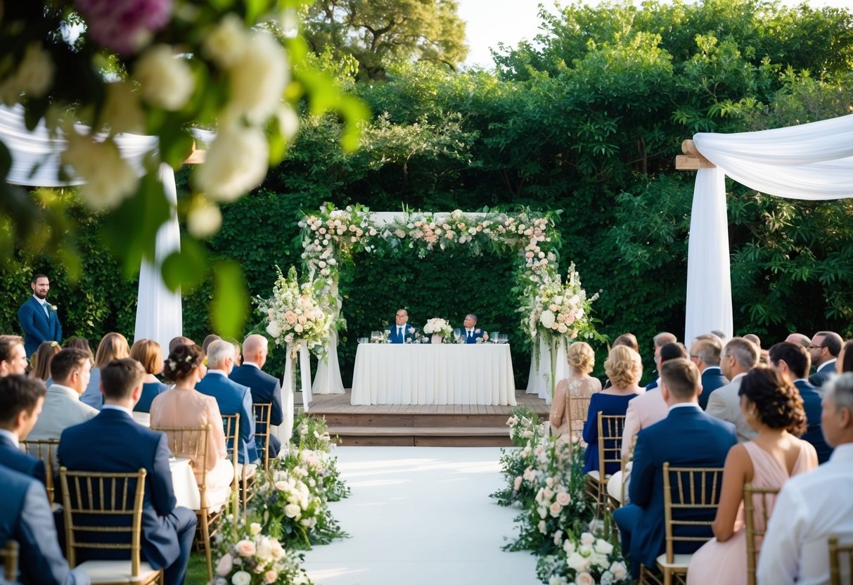A beautiful outdoor wedding ceremony and reception set up with elegant decorations and seating for guests, surrounded by lush greenery and flowers
