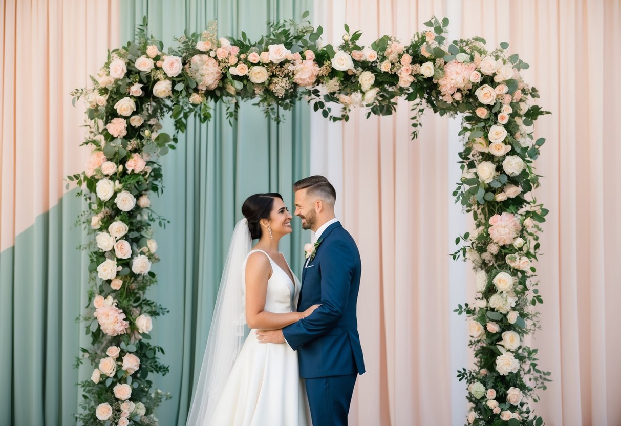 A bride and groom standing under a floral arch with a backdrop of soft blush and sage green accents