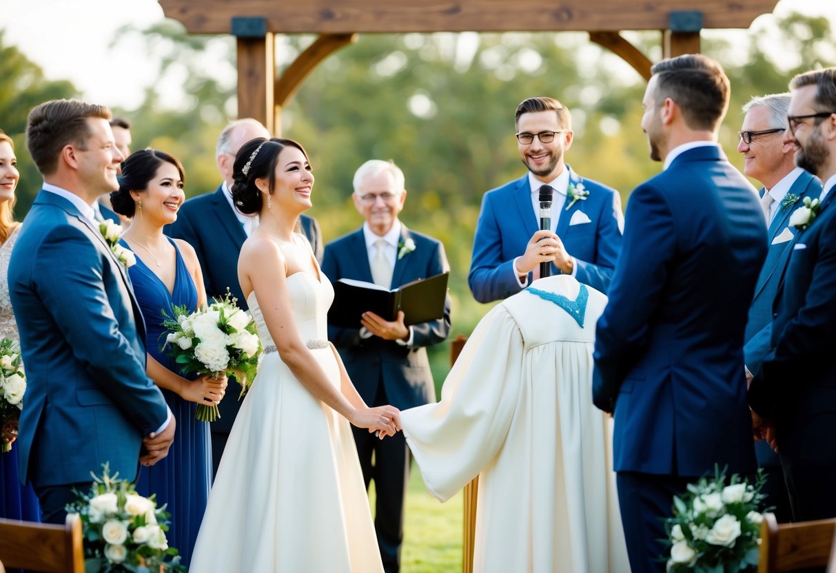 A couple stands at the altar, surrounded by friends and family. A friend officiates the wedding ceremony, speaking with joy and sincerity