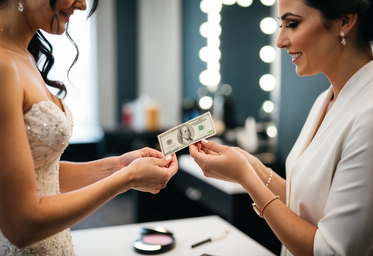A bride placing cash in an envelope and handing it to a makeup artist