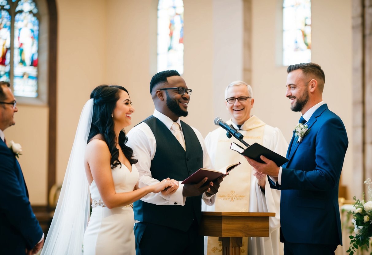 A couple stands at an altar, exchanging vows as a celebrant stands beside them, leading the ceremony. The celebrant holds a book and speaks with a warm and welcoming demeanor