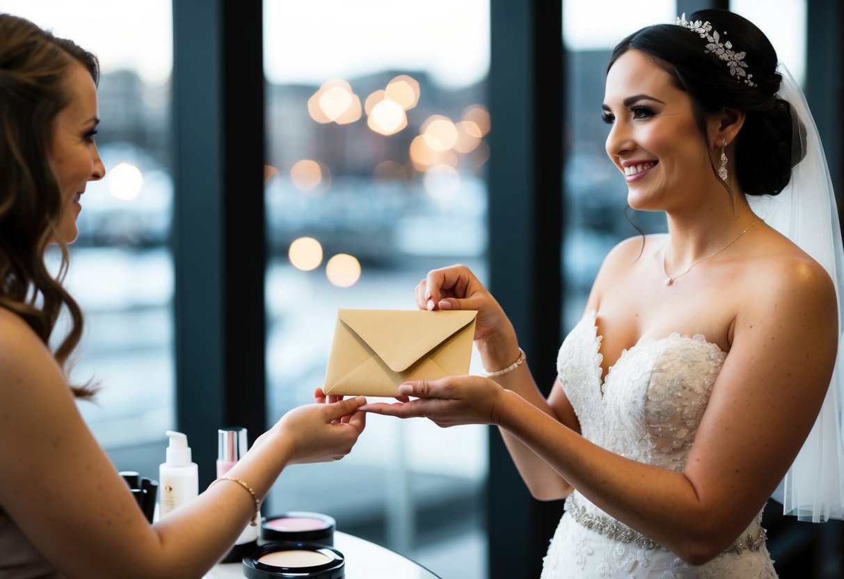 A bride handing an envelope to a makeup artist with a smile