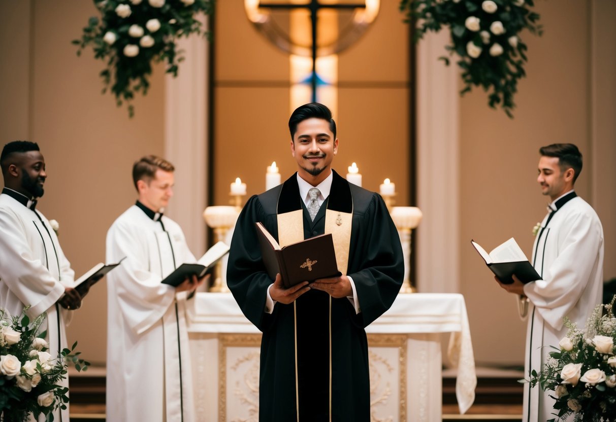 A friend stands before a wedding altar, holding a ceremonial book and wearing a formal outfit. They appear confident and ready to officiate the wedding