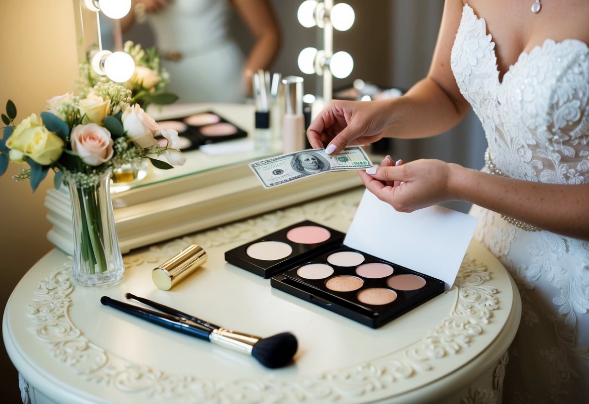 A bride placing cash in an envelope next to a makeup palette and brush on a beautifully decorated vanity table