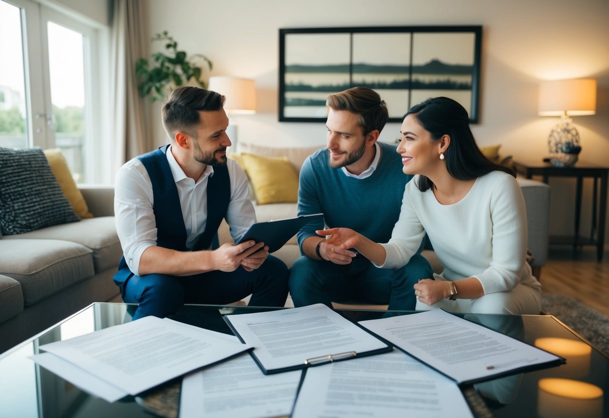 A couple and a friend discussing wedding plans in a cozy, well-lit living room with legal documents spread out on a coffee table