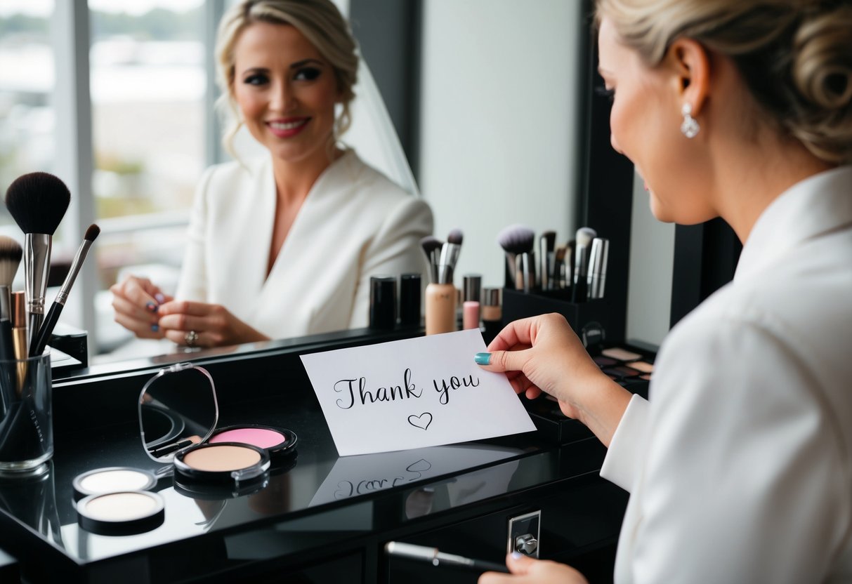 A bride leaving a thank you note and a small gift on the makeup artist's station after her wedding