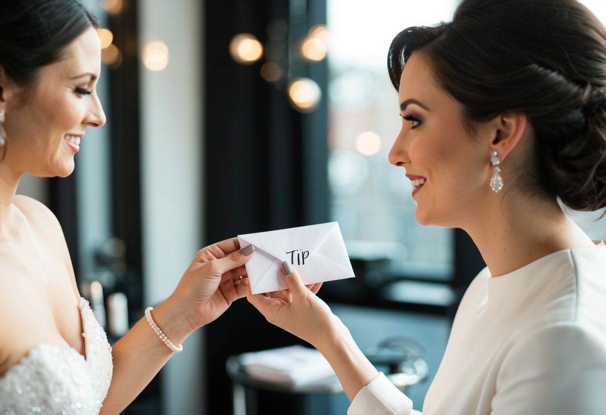 A bride placing a tip in an envelope and handing it to a makeup artist