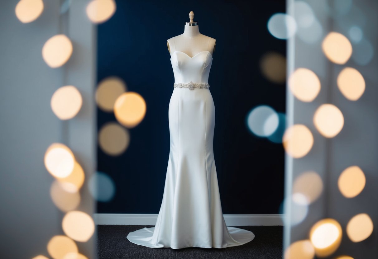 A slim, A-line wedding dress with a high waistline and a floor-length skirt