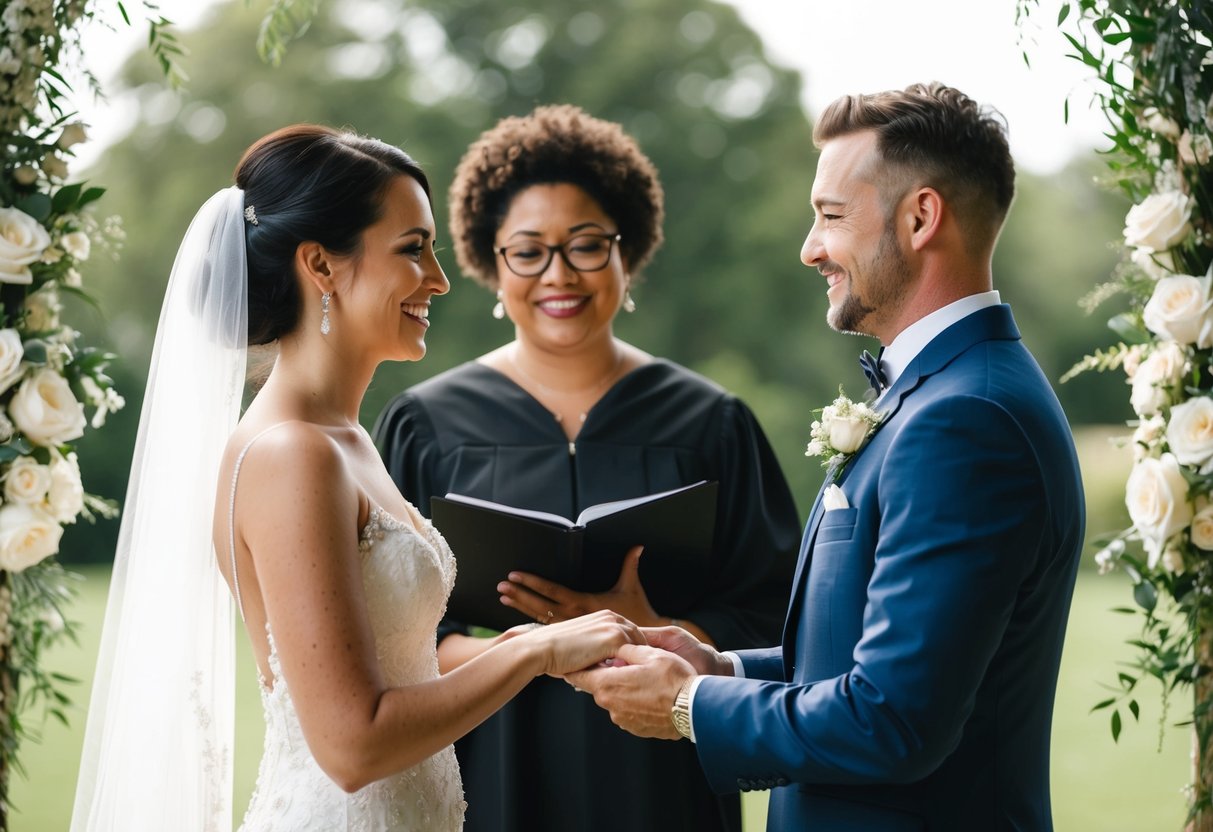 A couple exchanging vows with a close friend officiating their wedding ceremony