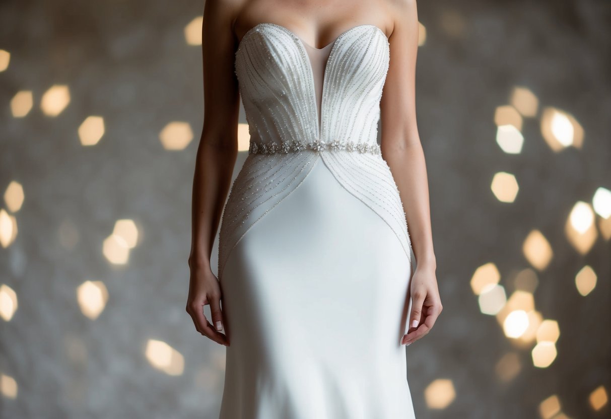 A sleek, floor-length wedding gown with a high waistline and delicate beading that elongates the silhouette