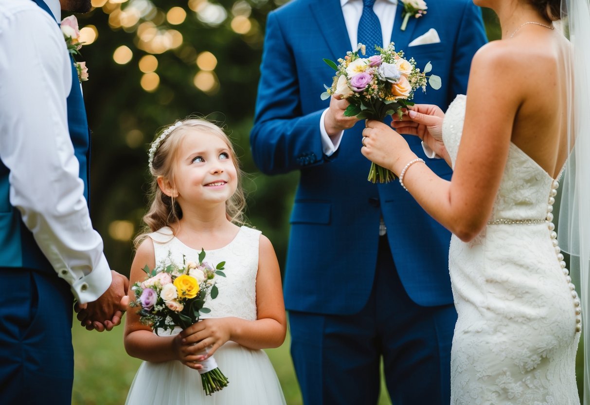 A 7-year-old stands beside a couple exchanging vows, holding a small bouquet of flowers and looking up at them with a bright smile