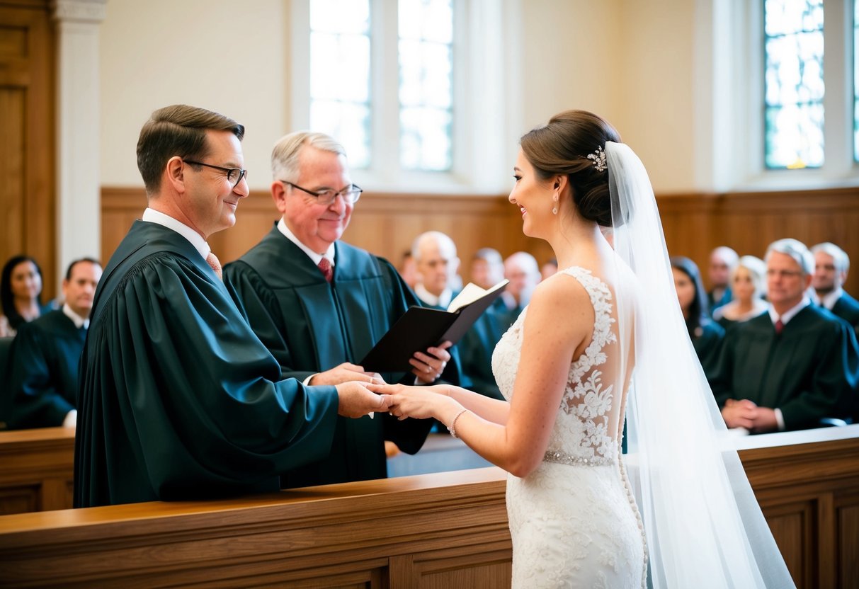 A wedding ceremony taking place in a courthouse, with a judge presiding over the exchange of vows